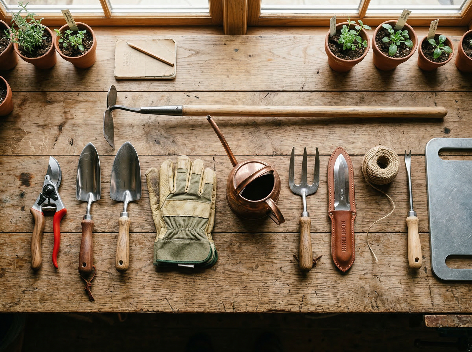 Garden tools laid out on a wooden workbench