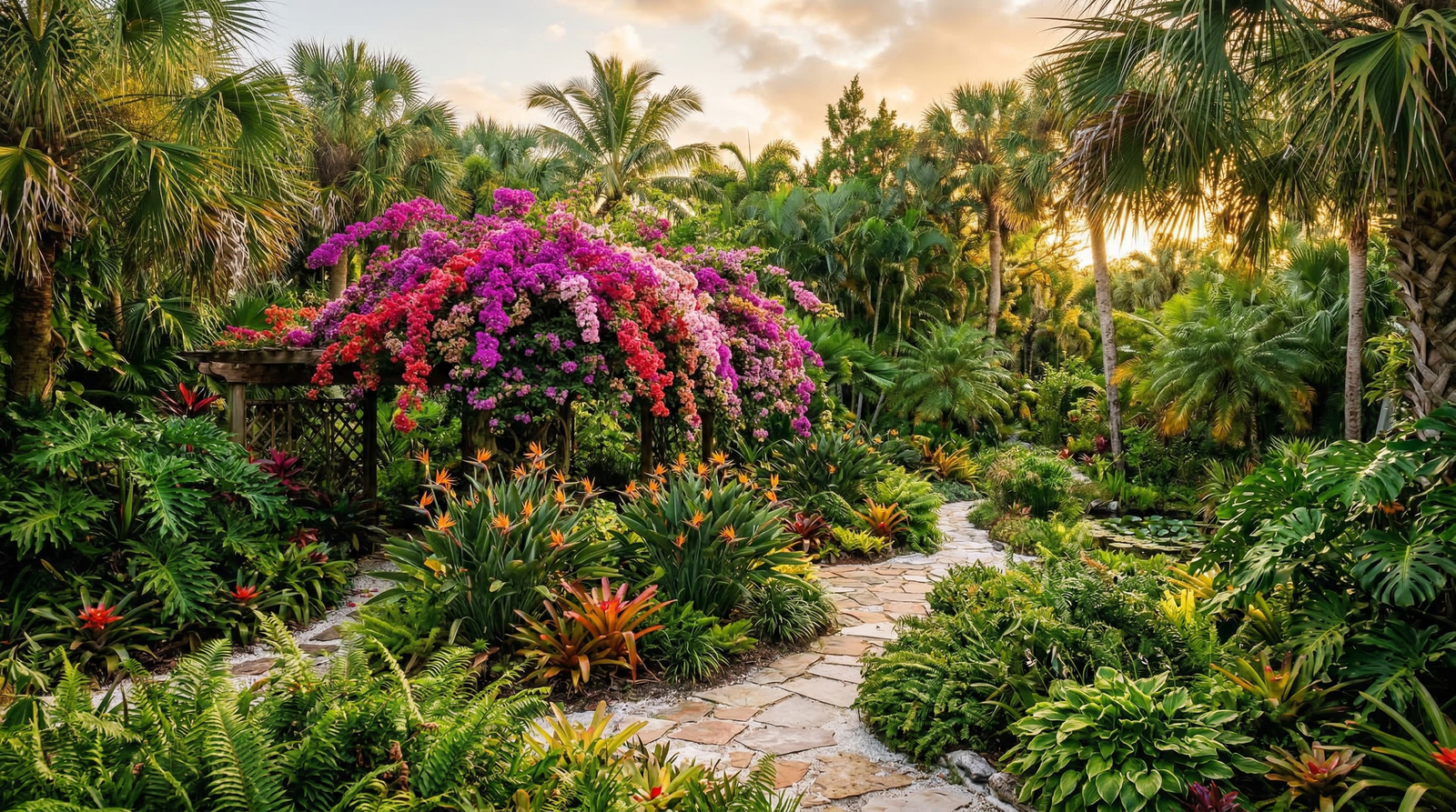 Lush Florida tropical garden with bougainvillea, palms and native plants at golden hour
