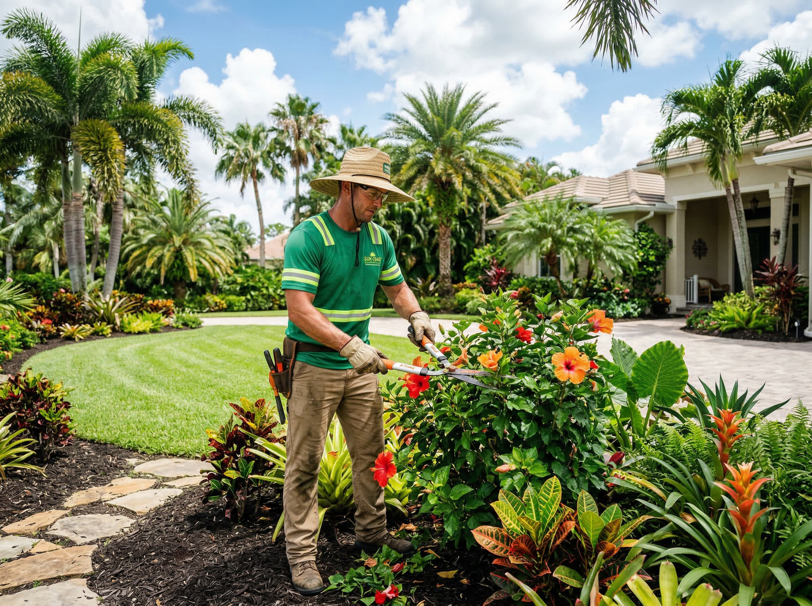Professional Florida landscaper trimming tropical plants