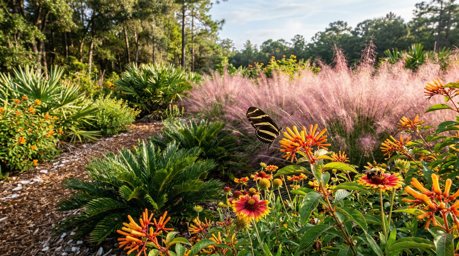 Florida native garden with muhly grass, gaillardia and a butterfly
